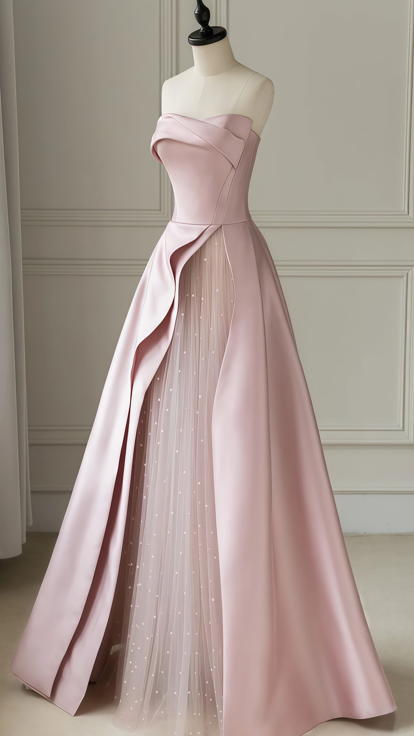 Pink Strapless A-Line Prom Dress With Dots Tulle Party Dresses, LTP3464