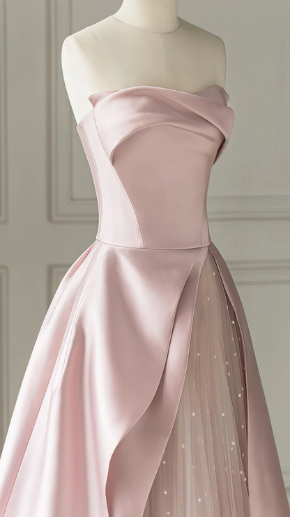 Pink Strapless A-Line Prom Dress With Dots Tulle Party Dresses, LTP3464