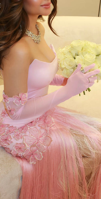 Pink Strapless Sheath Prom Dresses Split Tassel Evening Graduation Dress,LTP4205