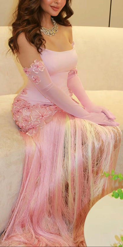 Pink Strapless Sheath Prom Dresses Split Tassel Evening Graduation Dress,LTP4205