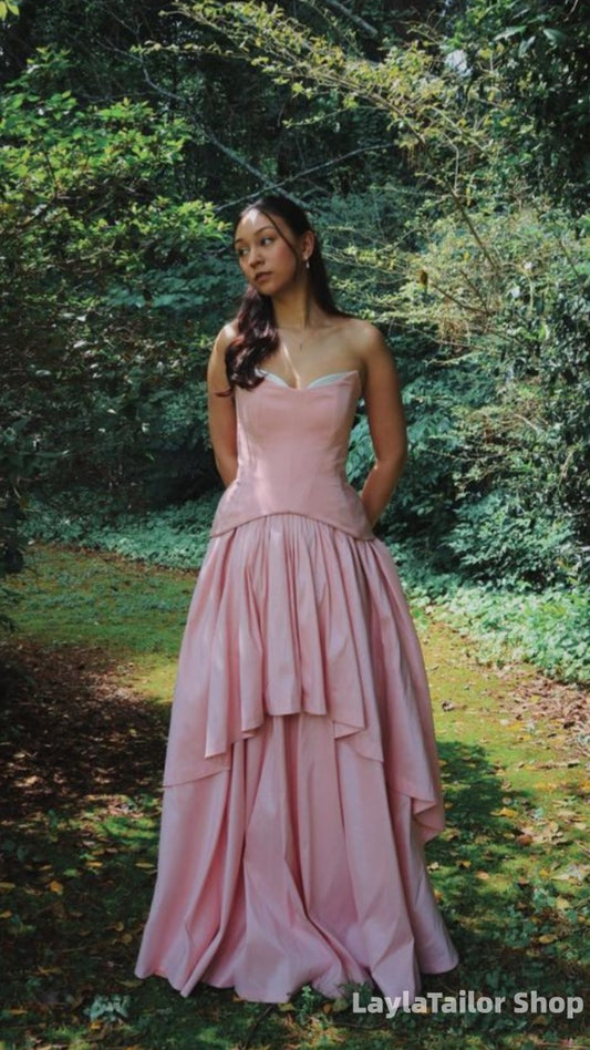 Pink Sweetheart Drop Waist Ruffle Formal Prom Dresses