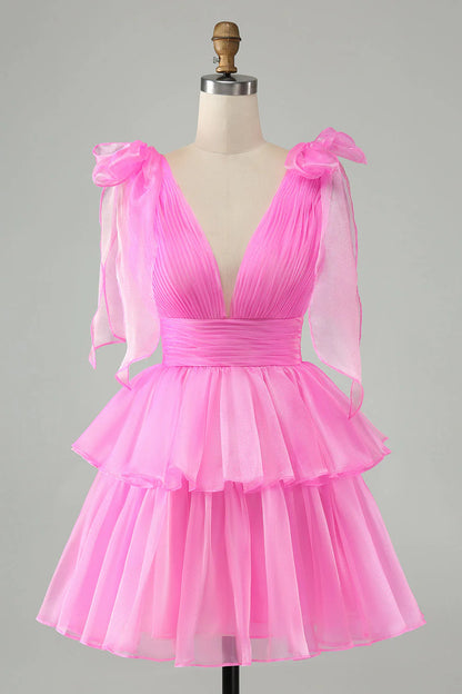 Pink V-Neck Homecoming Dress Chiffon V-Neck School Party Dress, LTP2946