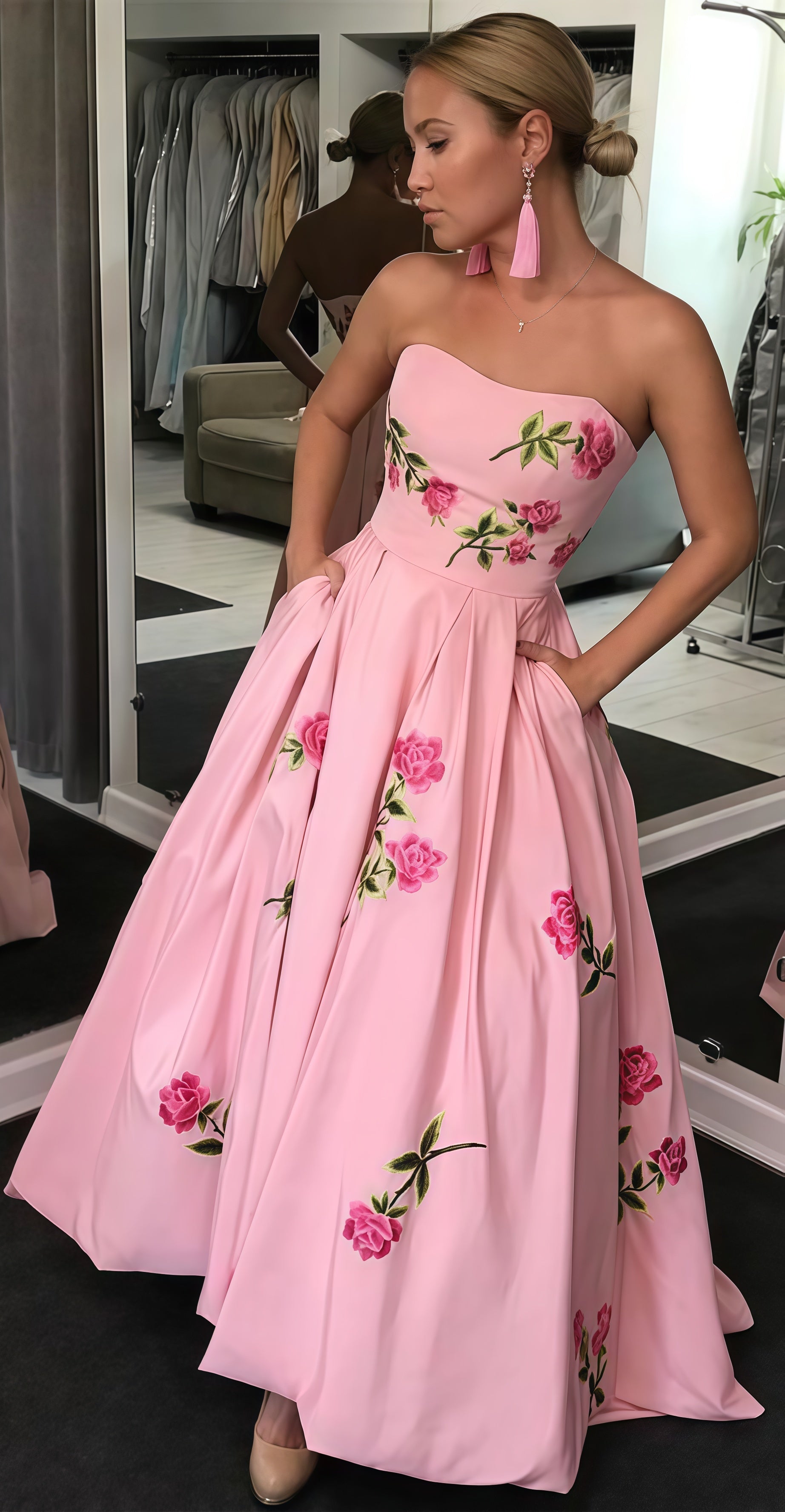 Pink floral evening dress A-line strapless prom dress formal gown