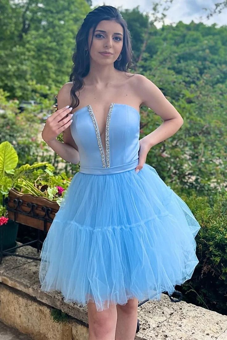 Plunge Neck Sky Blue Beaded Tulle Homecoming Dress Short Hoco Dresses, LTP2899