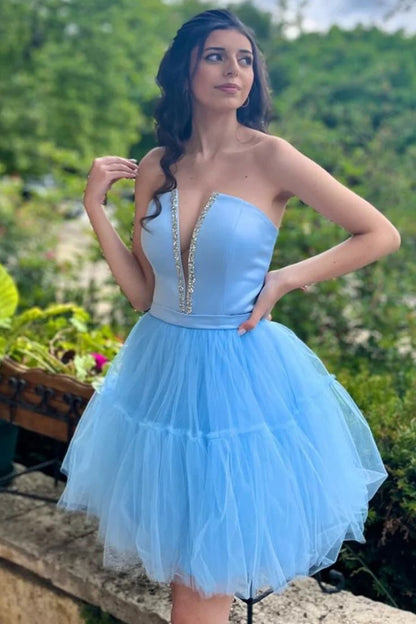 Plunge Neck Sky Blue Beaded Tulle Homecoming Dress Short Hoco Dresses, LTP2899