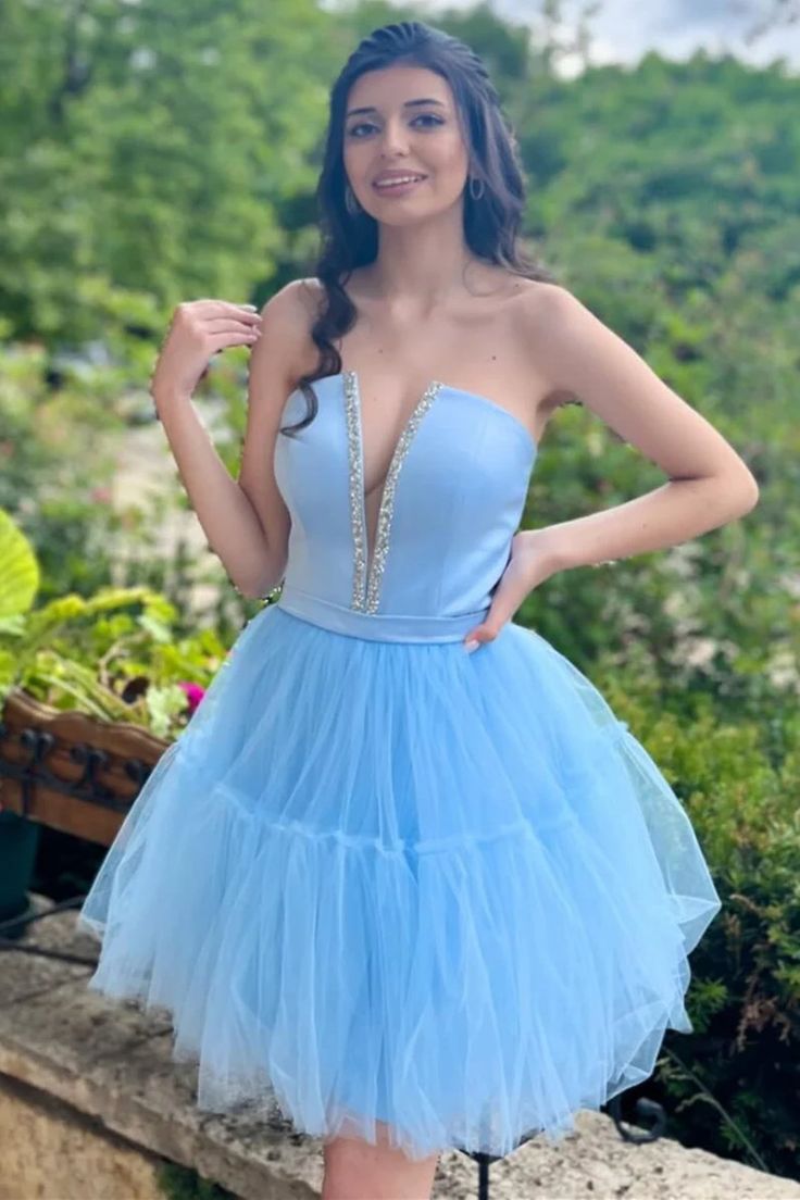 Plunge Neck Sky Blue Beaded Tulle Homecoming Dress Short Hoco Dresses, LTP2899