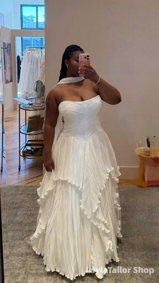 Plus Size White Pleated A-Line Wedding Dresses