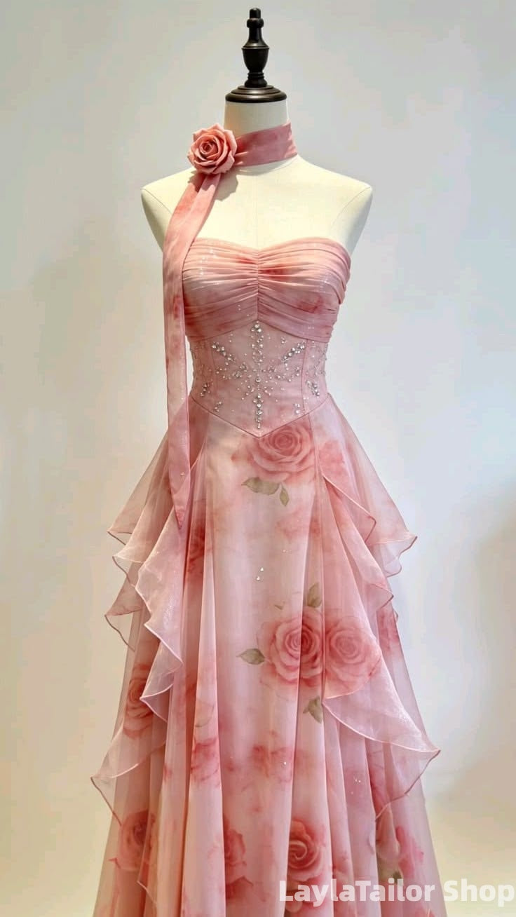 Popular Pink Floral Party Dresses Ruffles Long Prom Dress LTP82650