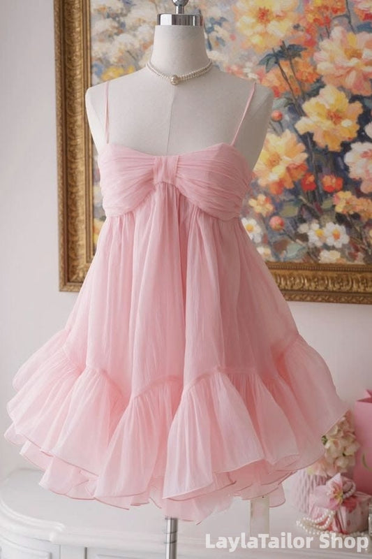 Pretty Homecoming Dress Soft Pink Spaghetti Straps Pleated Short Birthday Party Dress Cocktail Dress