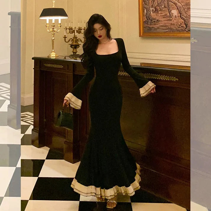 Pretty Mermaid Square Neckline Black Prom Dresses Birthday Outfits Evening Gowns , LTP3595