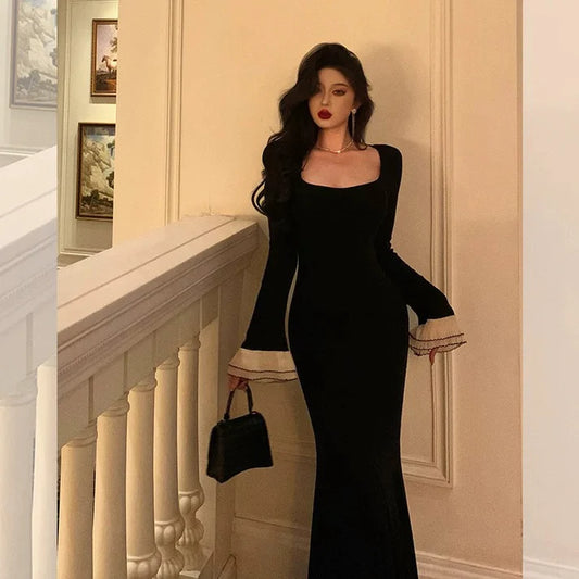 Pretty Mermaid Square Neckline Black Prom Dresses Birthday Outfits Evening Gowns , LTP3595