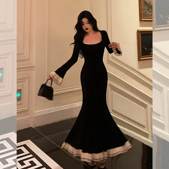 Pretty Mermaid Square Neckline Black Prom Dresses Birthday Outfits Evening Gowns , LTP3595