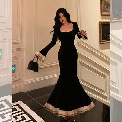 Pretty Mermaid Square Neckline Black Prom Dresses Birthday Outfits Evening Gowns , LTP3595