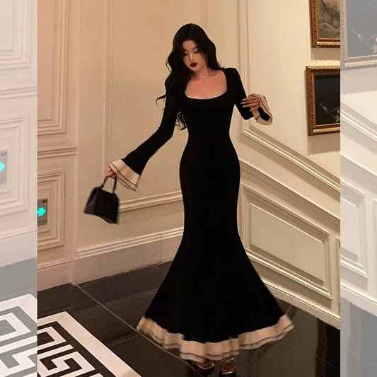 Pretty Mermaid Square Neckline Black Prom Dresses Birthday Outfits Evening Gowns , LTP3595