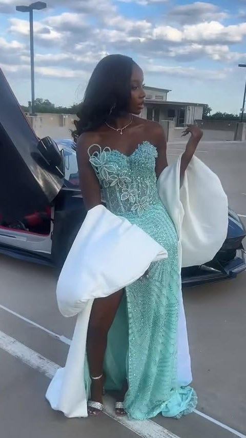 Pretty Mint Green Strapless Corset Mermaid Floral Beaded Long Prom Dress with Slit,LTP4444