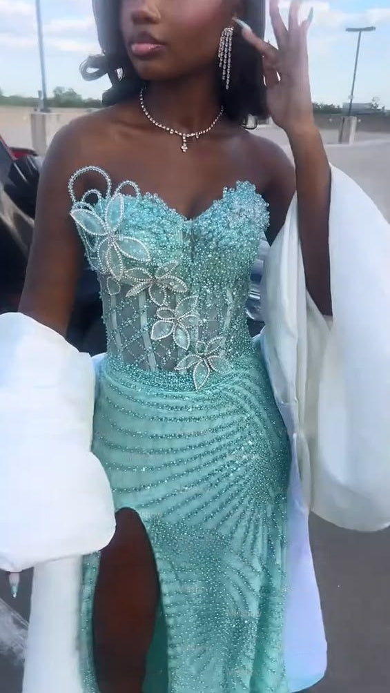 Pretty Mint Green Strapless Corset Mermaid Floral Beaded Long Prom Dress with Slit,LTP4444