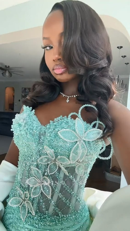 Pretty Mint Green Strapless Corset Mermaid Floral Beaded Long Prom Dress with Slit,LTP4444