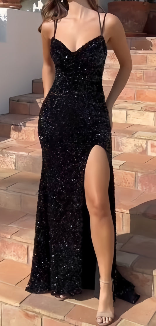 Pretty Black Sequin Prom Dresses Split Evening Party Dress,LTP4214