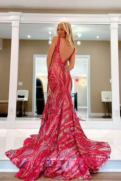 Stylish Mermaid V Neck Sequin Lace Long Prom Dresses
