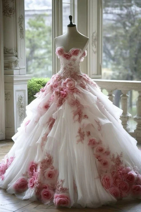 Princess Flowers Sweetheart White Ball Gown Sweet 16 Dress,LTP4370