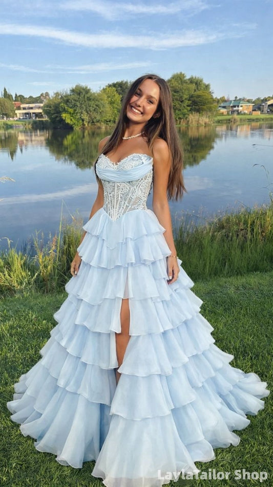 Princess Light Blue Sweetheart Appliques Long Prom Dresses,LTP82795