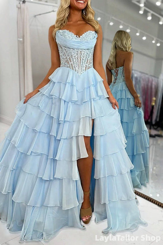 Princess Light Blue Sweetheart Appliques Long Prom Dresses,LTP82795