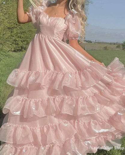 Princess Shiny Pink Ruffle Prom Dresses Short Sleeves Birthday Party Dress Hoco Gown,LTP3693