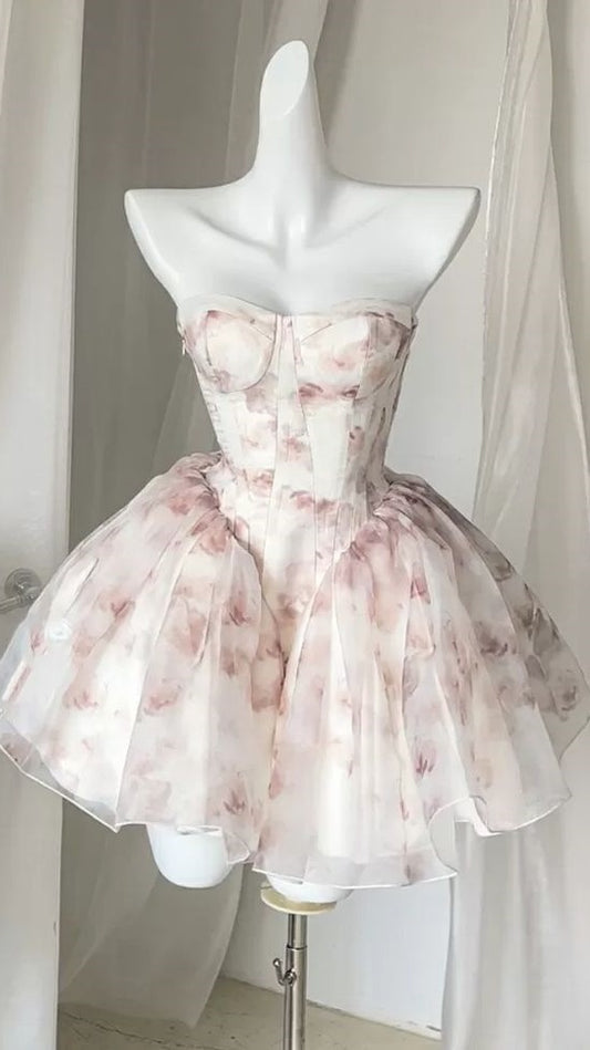 Princess Sweetheart Floral Print Ball Gown Organza Hoco Party Dress,LTP3841