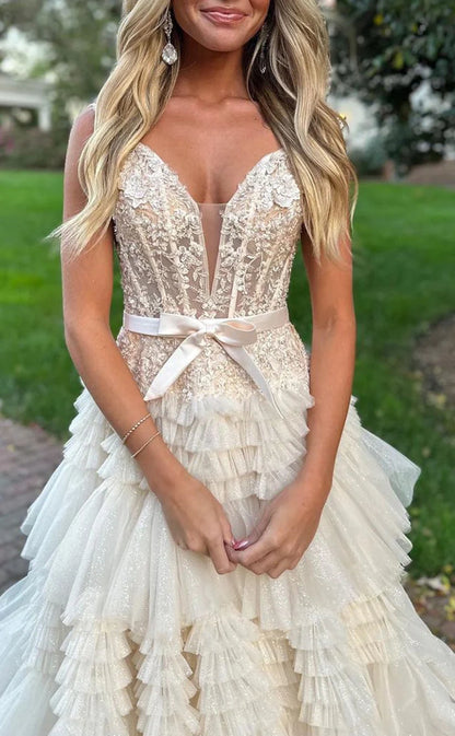 Princess V-Neck Lace Ruffle Tulle Prom Dresses, Long Celebrity Dress