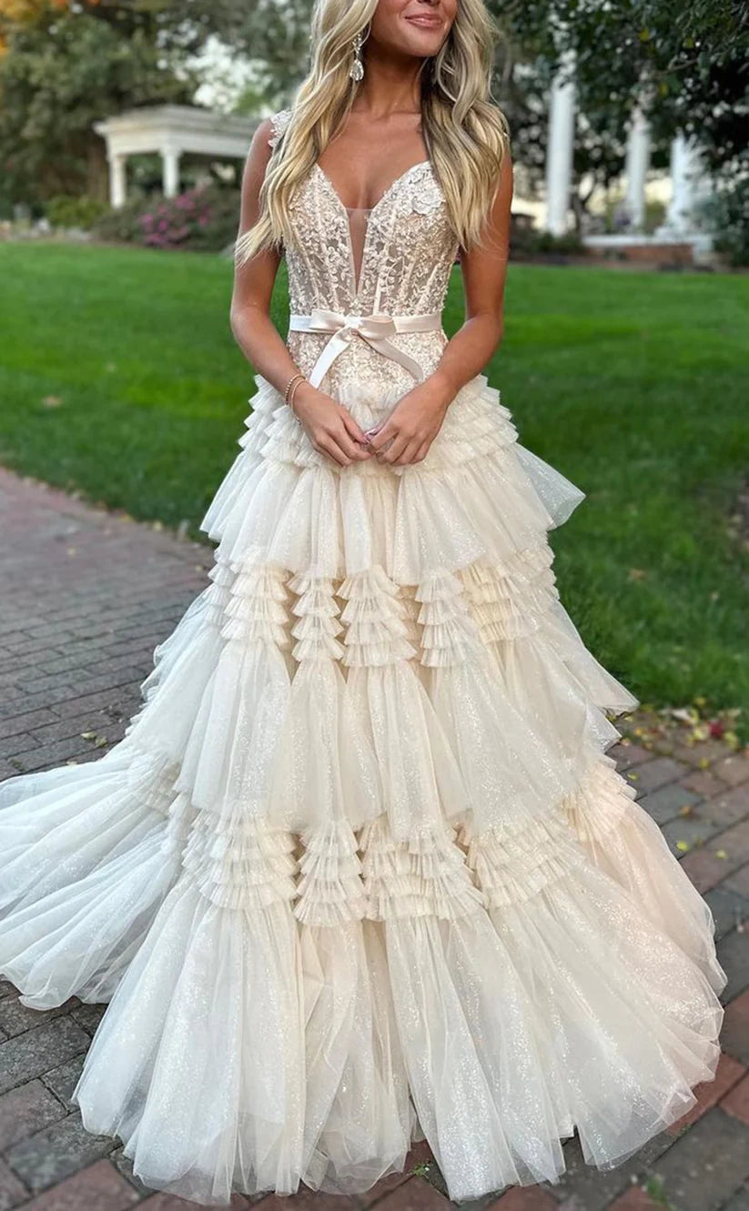 Princess V-Neck Lace Ruffle Tulle Prom Dresses, Long Celebrity Dress