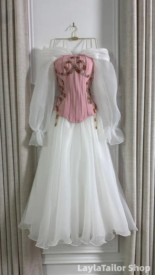 Princess White Pink Beaded Organza Corset Prom Dress Drop Waist Birthday Party Dresses, LTP82806