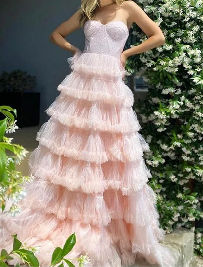 Light Blush Pink Sweetheart Ruffle Skirt Prom Dress