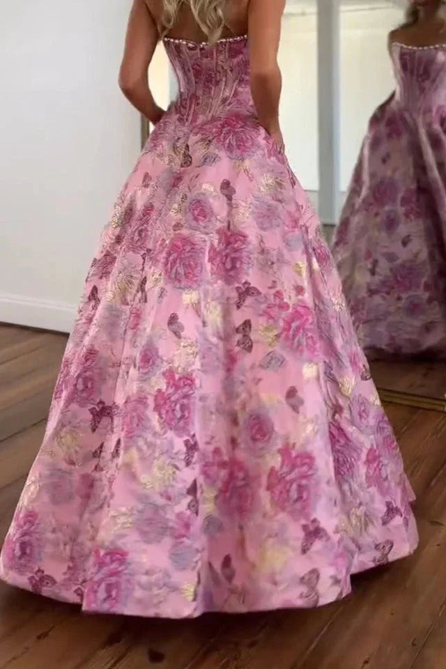 Stunning A Line Scoop Neck Jacquard Satin Long Prom Dress with Pearls