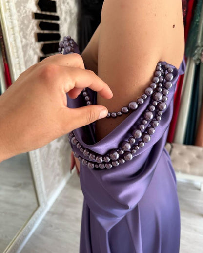 Purple Beaded Evening Dresses Long Satin Long Prom Dress