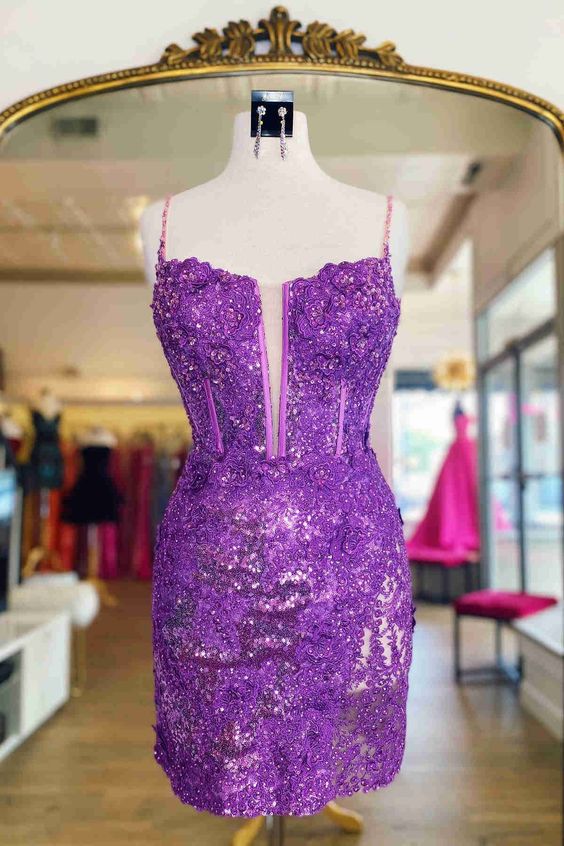 Purple Bodycon Sequin Homecoming Dresses Feather Mini Party Gown, LTP2954