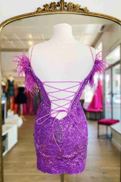 Purple Bodycon Sequin Homecoming Dresses Feather Mini Party Gown, LTP2954