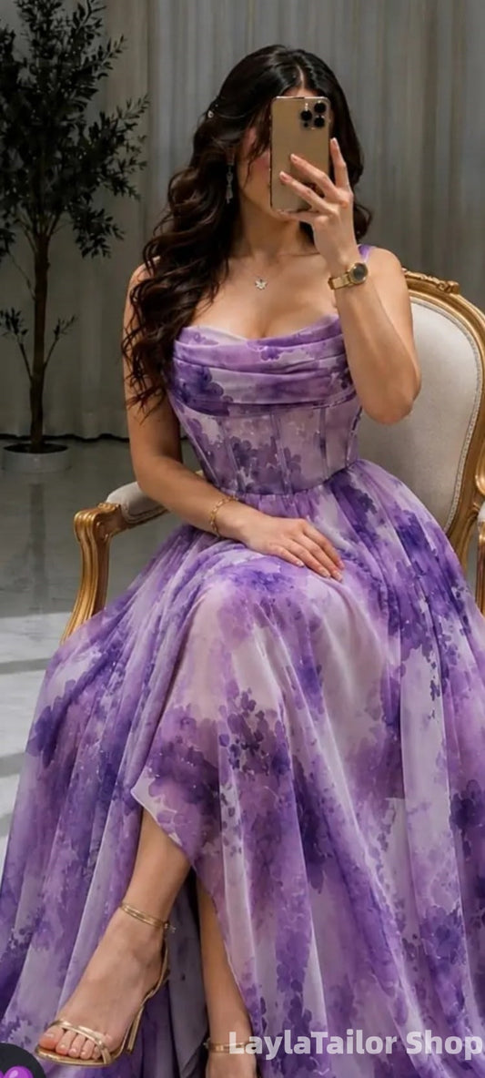 Purple Floral Print A-Line Chiffon Prom Dresses Long Evening Dress LTP82755