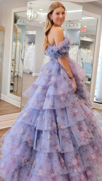 Purple Floral Ruffle Prom Dress, Floor Length Evening Party Dresses, LTP3529