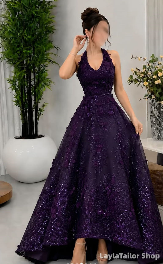 Purple Halter 3D Floral Lace Prom Dress LTP82763