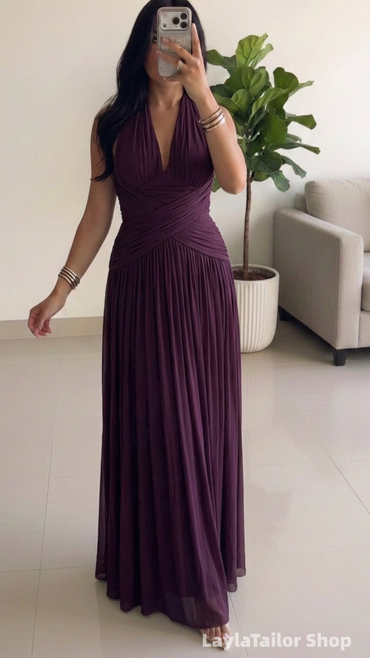 Purple Halter Chiffon Pleated Long Prom Bridesmaid Dresses LTP82691