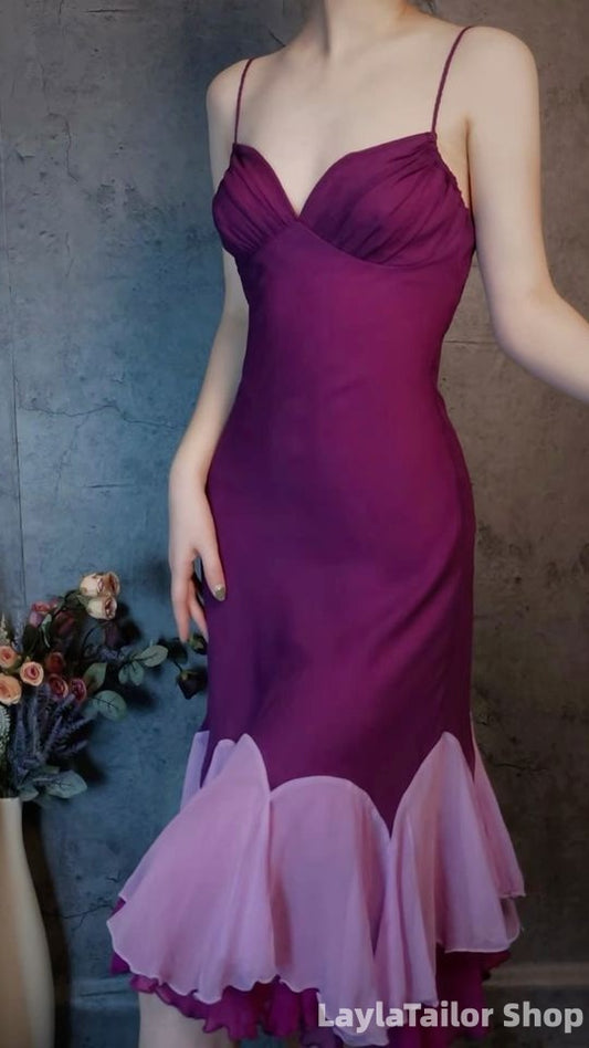 Purple Mermaid Prom Dresses Spaghetti Straps Evening Party Midi Dress