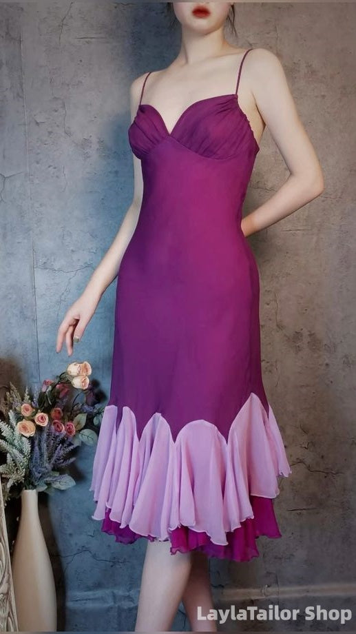 Purple Mermaid Prom Dresses Spaghetti Straps Evening Party Midi Dress