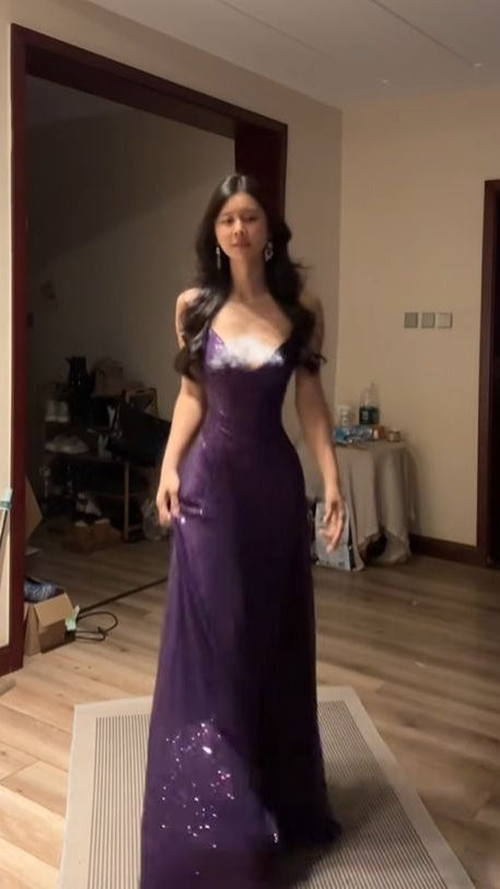 Purple Mermaid Sequin Prom Dress Spaghetti Straps Formal Gown,LTP4297