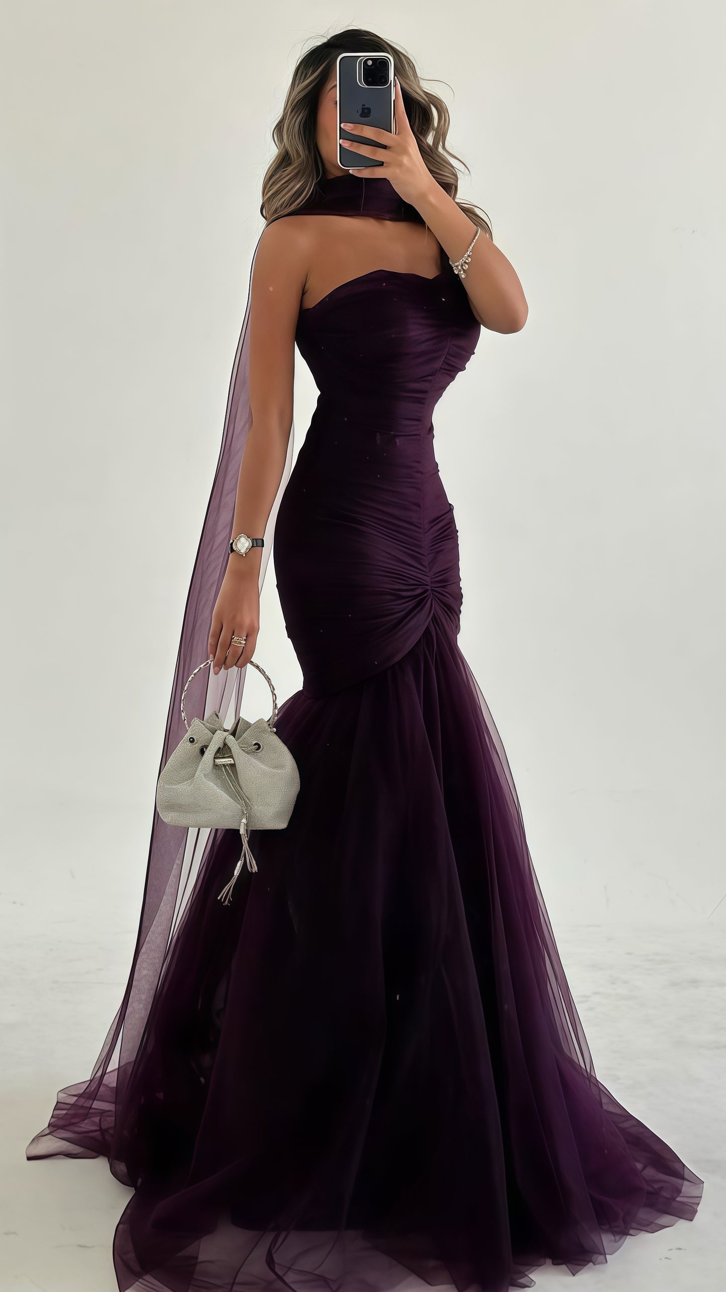 Purple Mermaid Tulle Party Dress, Pleated Sleeveless Prom Dress,LTP3685