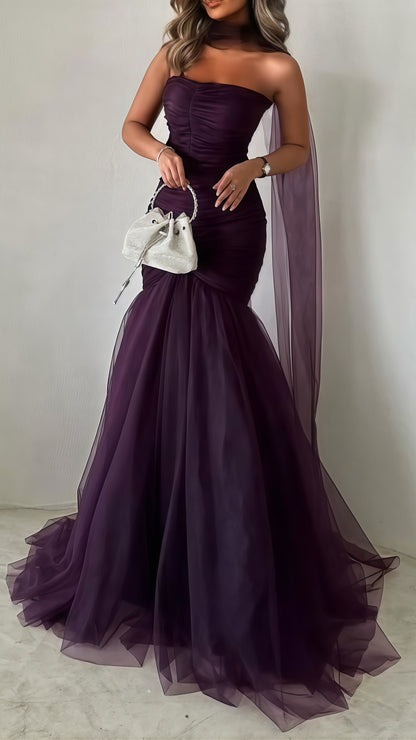 Purple Mermaid Tulle Party Dress, Pleated Sleeveless Prom Dress,LTP3685