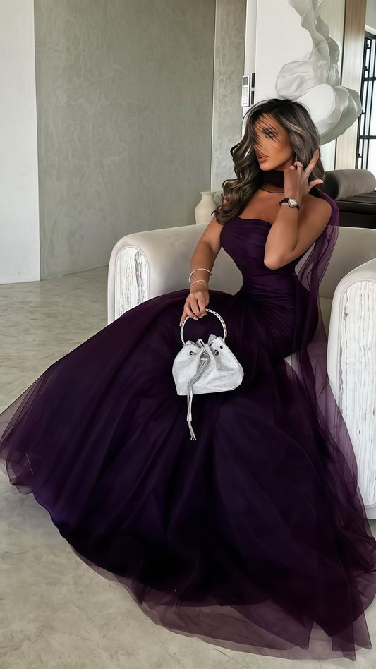 Purple Mermaid Tulle Party Dress, Pleated Sleeveless Prom Dress,LTP3685