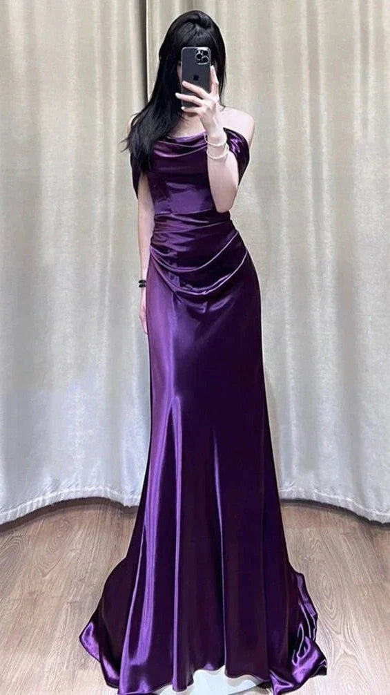 Purple Off The Shoulder Satin Mermaid Prom Dresses,LTP4428