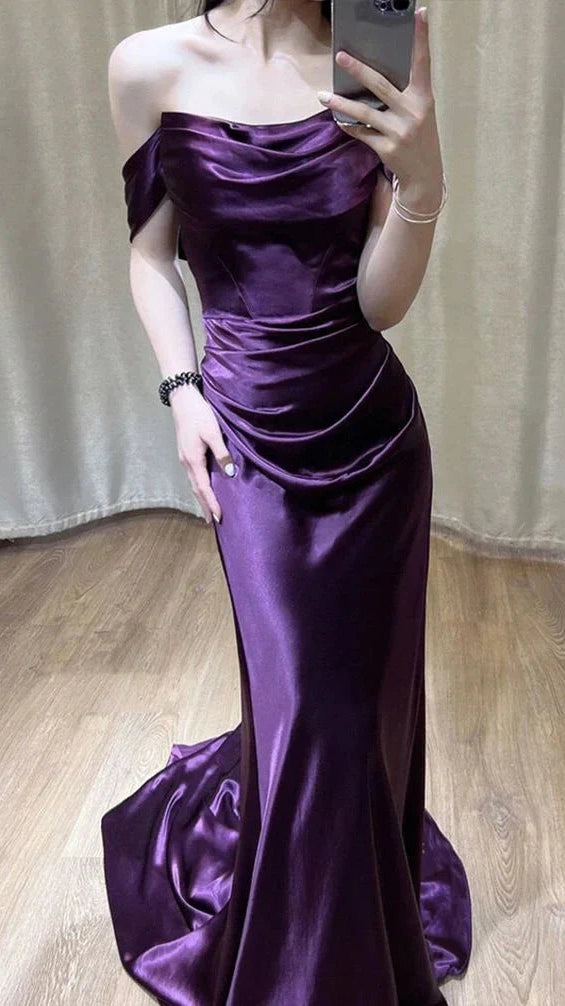 Purple Off The Shoulder Satin Mermaid Prom Dresses,LTP4428