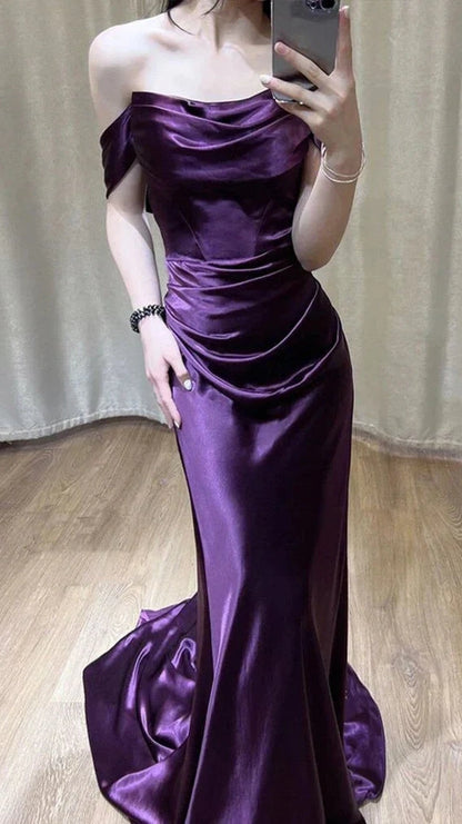 Purple Off The Shoulder Satin Mermaid Prom Dresses,LTP4428