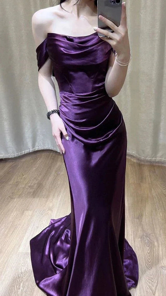 Purple Off The Shoulder Satin Mermaid Prom Dresses,LTP4428